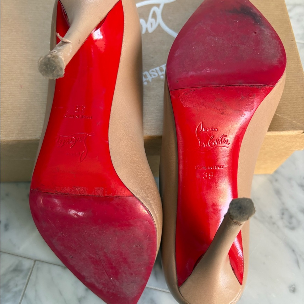 Christian Louboutin Beige Leather Pointed Toe Pumps with Red Sole